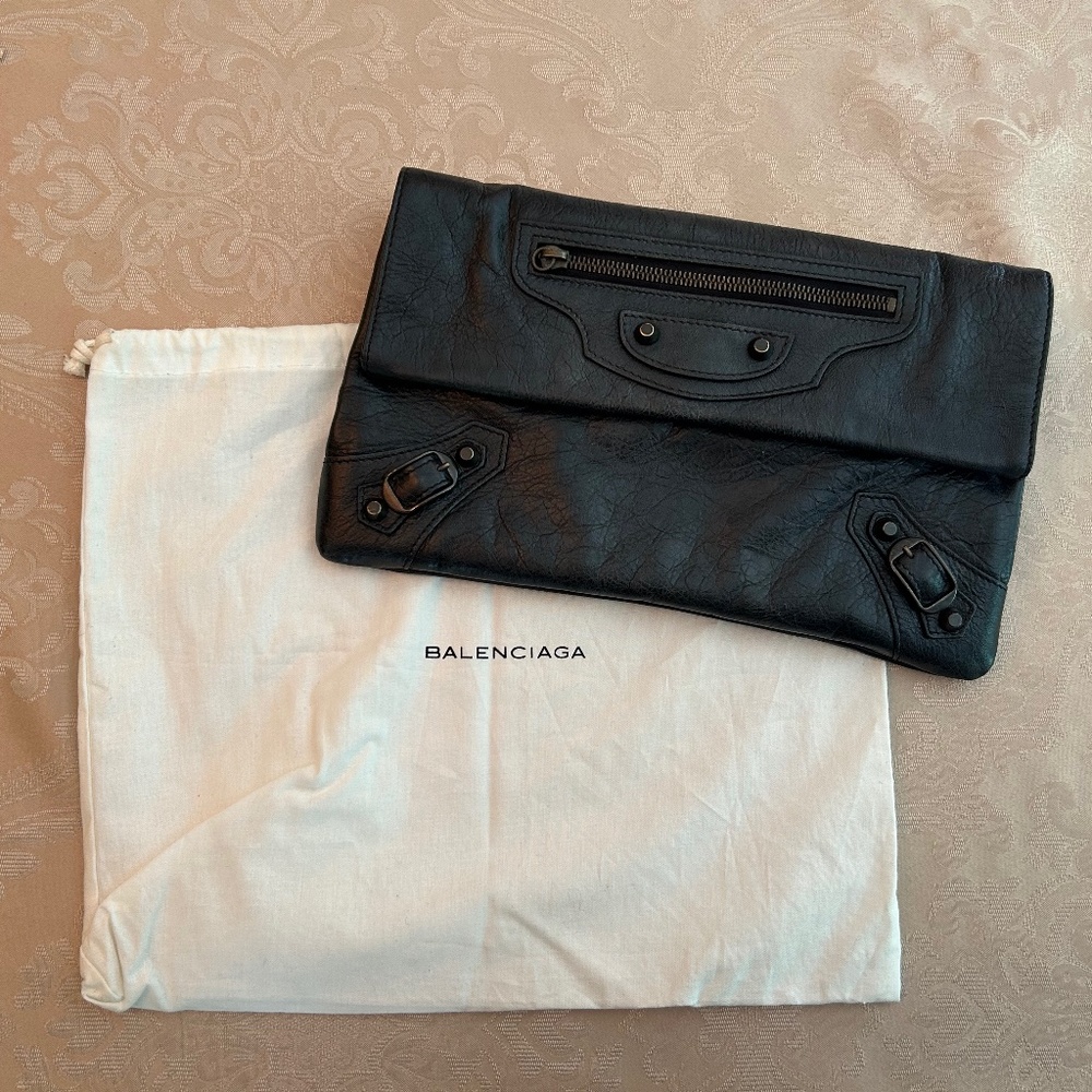 BALENCIAGA Black Lambskin Leather Envelope Clutch Bag 224915
